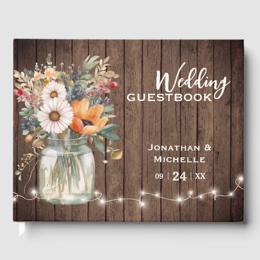 Rustische wilde bloem Barn Wood Country Floral Wed Gastenboek (Voorkant)