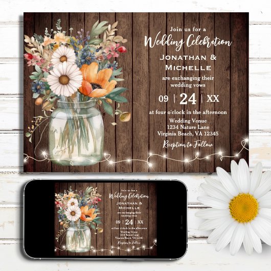 Rustische wilde bloem Barn Wood Country Floral Wed Kaart