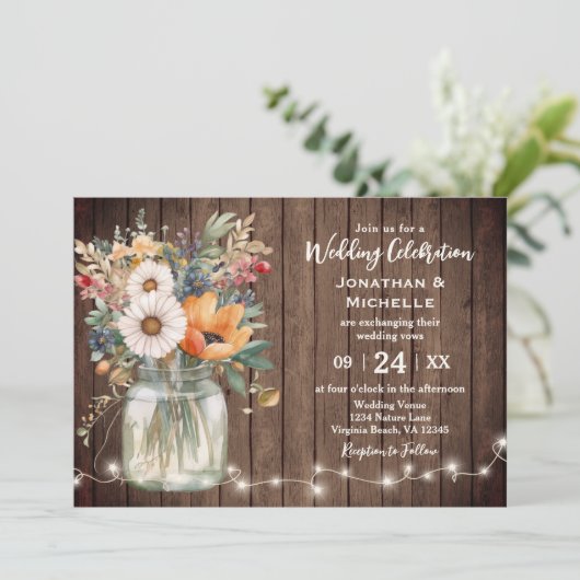 Rustische wilde bloem Barn Wood Country Floral Wed Kaart (Staand voorkant)