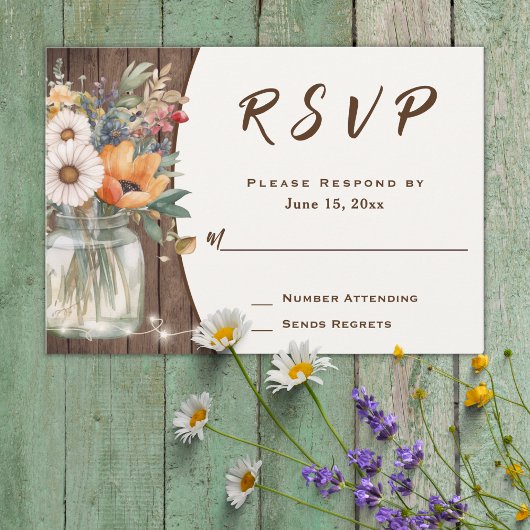 Rustische wilde bloem Barn Wood Country Floral Wed RSVP Kaartje