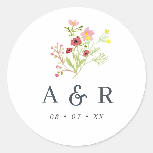 Rustische wilde bloemen Weddenschap monogram klass Ronde Sticker (Voorkant)