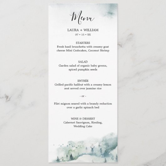 Rustische Winterdennenboom Kerst Huwelijksdiner Menu (Voorkant)