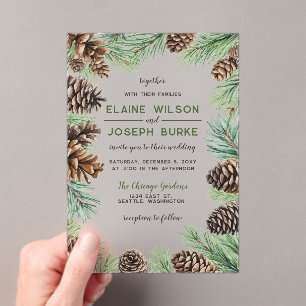 Rustische winterfeilage Pine cone Wedding Acryl Uitnodigingen