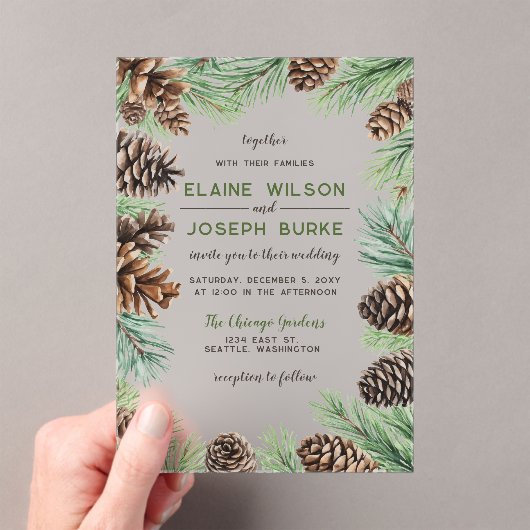 Rustische winterfeilage Pine cone Wedding Acryl Uitnodigingen (Insitu (Draagbaar))