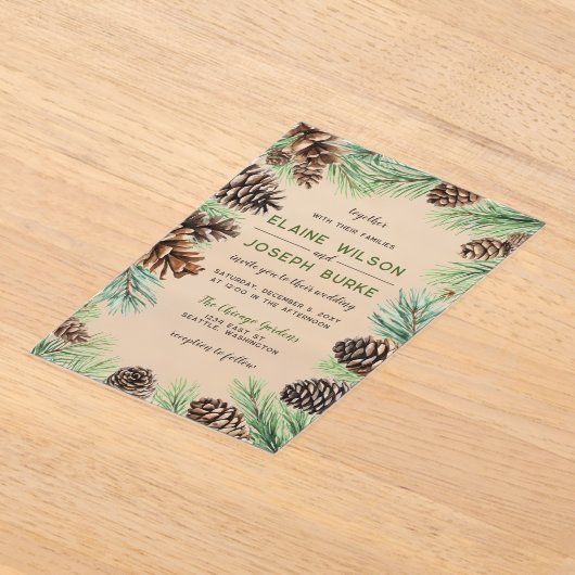 Rustische winterfeilage Pine cone Wedding Acryl Uitnodigingen (Laagn)