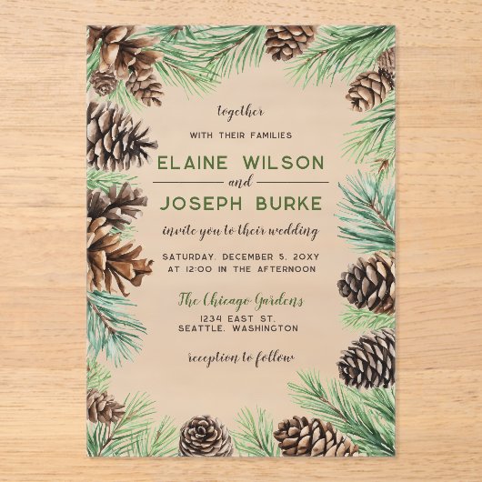Rustische winterfeilage Pine cone Wedding Acryl Uitnodigingen (Voorkant)