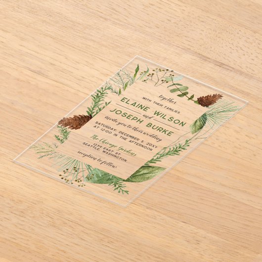 Rustische winterfeilage Pine cone Wedding Acryl Uitnodigingen (Laagn)