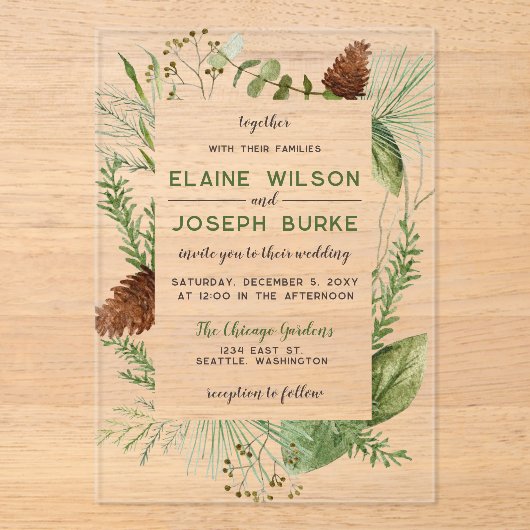 Rustische winterfeilage Pine cone Wedding Acryl Uitnodigingen (Voorkant)