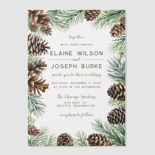Rustische winterfeilage Pine cone Wedding Vellum Uitnodigingen (Voorkant)