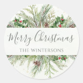 Rustische Wintergroen Kerstmis Ronde Sticker (Voorkant)