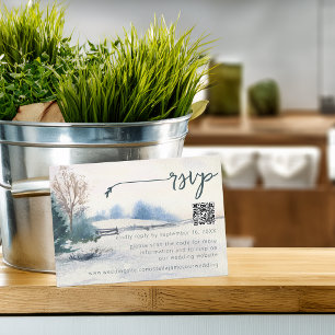 Rustische winterlandschap dennenboom bruiloft QR-c RSVP Kaartje