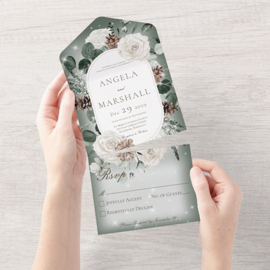 Rustische winterpekelgroene sneeuw geen diner all in one uitnodiging (Afscheurbaar)