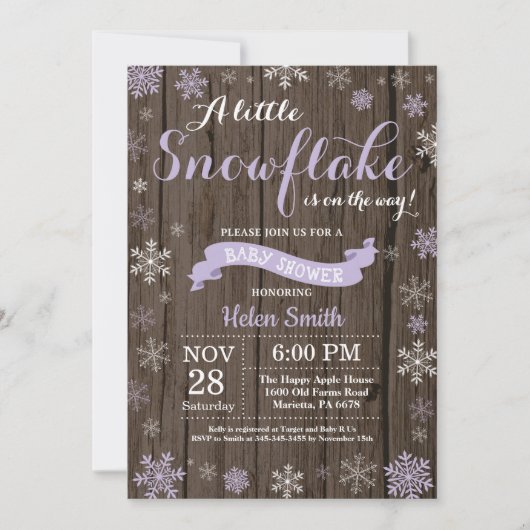 Rustische winterse Baby shower Paarse witte sneeuw Kaart (Voorkant)