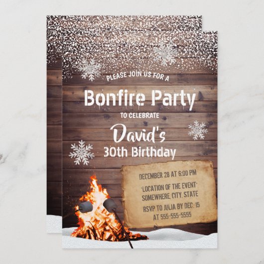 Rustische wintersnowflakes Bonfire Birthday Party Kaart (Voorkant / Achterkant)