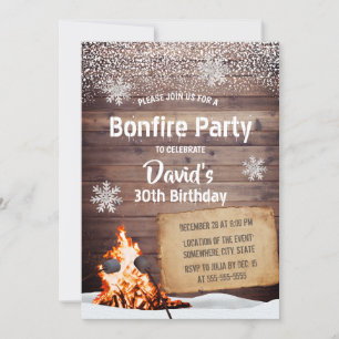 Rustische wintersnowflakes Bonfire Birthday Party Kaart