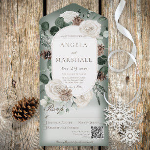 Rustische winterwitte Floral groene QR-code All In One Uitnodiging