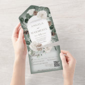Rustische winterwitte Floral groene QR-code All In One Uitnodiging (Afscheurbaar)