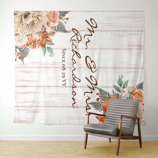 Rustische witte Barn Wood Sinaasappel Floral Weddi Wandkleed (In Situ (horizontaal))