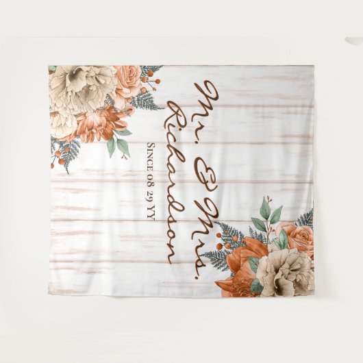 Rustische witte Barn Wood Sinaasappel Floral Weddi Wandkleed (Voorkant (horizontaal))