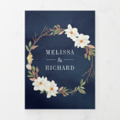 Rustische witte Magnolia Floral QR Code Navy Weddi Drieluik Uitnodiging (Cover)