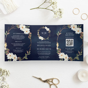 Rustische witte Magnolia Floral QR Code Navy Weddi Drieluik Uitnodiging