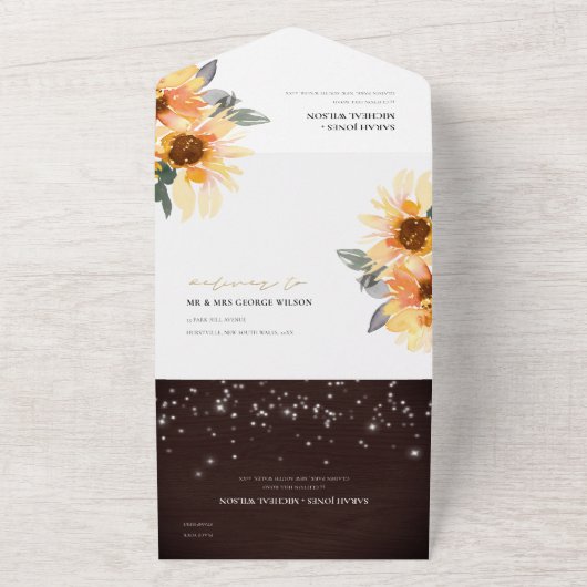 RUSTISCHE ZONLOWER FLORAL STRING LIGHTS WEDING ALL ALL IN ONE UITNODIGING (Buitenkant)