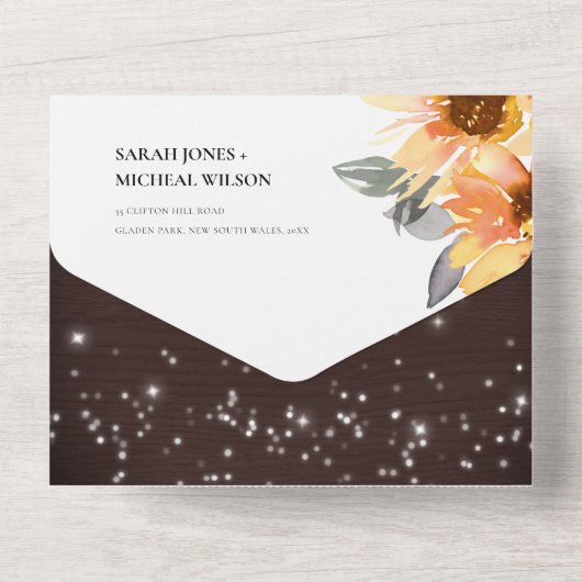 RUSTISCHE ZONLOWER FLORAL STRING LIGHTS WEDING ALL ALL IN ONE UITNODIGING (Achterkant)