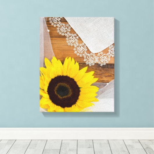 Rustische zonnebloem en kant canvas afdruk (Insitu (Houten vloer))