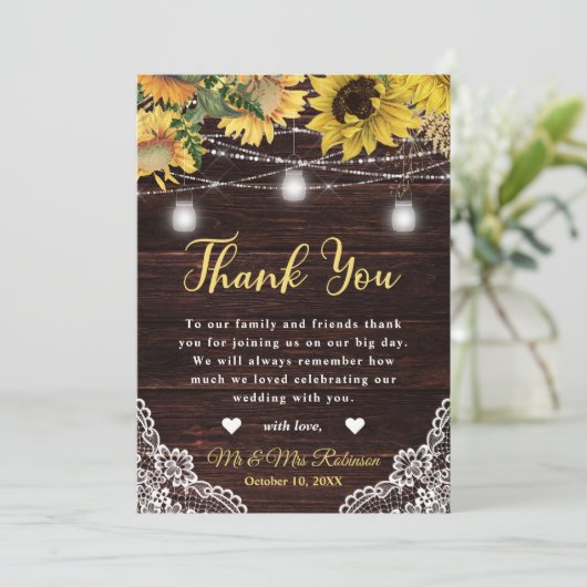Rustische zonnebloem en Mason Jar Lights Wedding Bedankkaart (Staand voorkant)