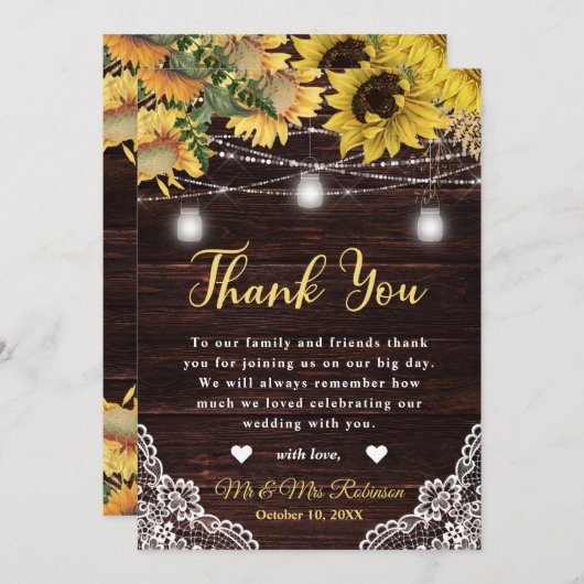 Rustische zonnebloem en Mason Jar Lights Wedding Bedankkaart (Voorkant / Achterkant)