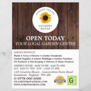 Rustische zonnebloem, tuincentrum, tuinbouwkundige flyer