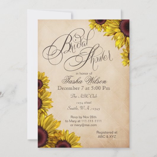 Rustische zonnebloemen Bridal Shower Invitations Kaart (Voorkant)