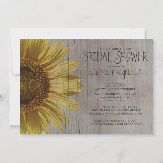 Rustische zonnebloemen Bridal Shower Invitations Kaart (Voorkant)