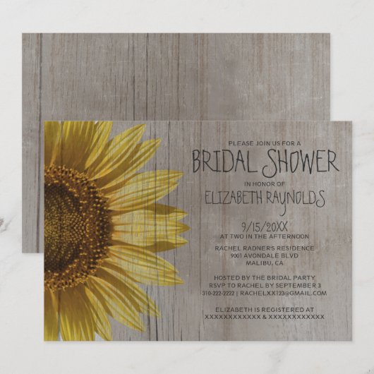 Rustische zonnebloemen Bridal Shower Invitations Kaart (Voorkant / Achterkant)