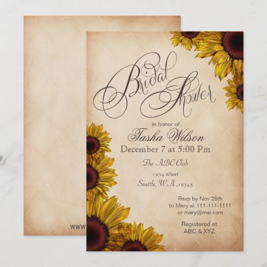 Rustische zonnebloemen Bridal Shower Invitations Kaart (Voorkant / Achterkant)