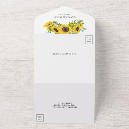 Rustische zonnebloemen en Eucalyptus Branch Weddin All In One Uitnodiging (Buitenkant)