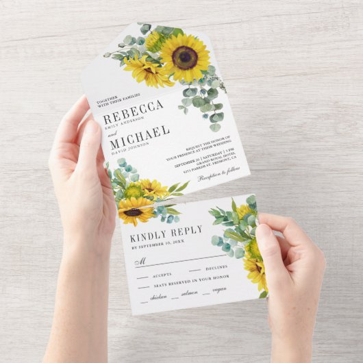 Rustische zonnebloemen en Eucalyptus Branch Weddin All In One Uitnodiging (Afscheurbaar)