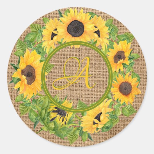 Rustische zonnebloemen Monogrammed Burlap Ronde Sticker (Voorkant)