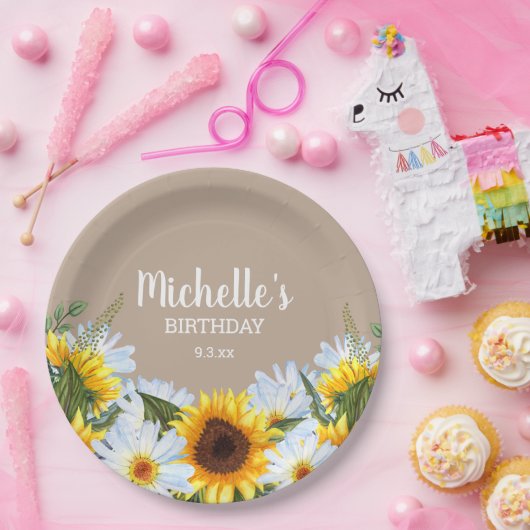 Rustische zonnesbloem Daisies Birthday Party Name  Papieren Bordje (Feest)