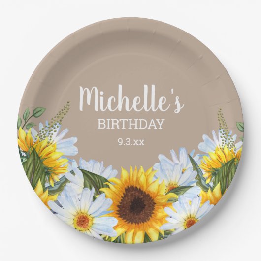 Rustische zonnesbloem Daisies Birthday Party Name Papieren Bordje (Voorkant)