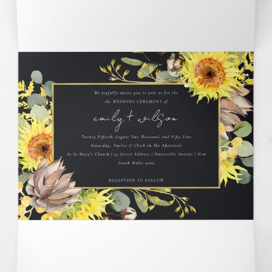 RUSTISCHE ZWARTE ZONKER EUCALYPTUS FLORAL WEDING DRIELUIK UITNODIGING (Binnenkant midden)