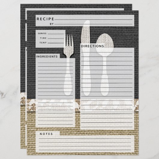 Rustlic country Burlap Recipe Insert (Voorkant / Achterkant)