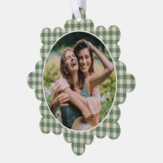 Rusto Groen Gingham Foto Modern Kerstmis Ornament Kaart (Links)
