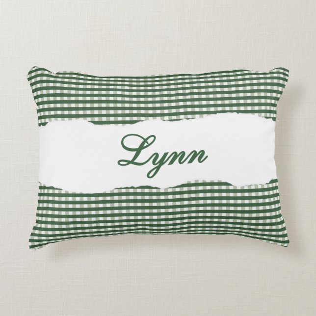 Rusto Groen Gingham Gepersonaliseerde Naam Accent Kussen (Voorkant)