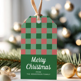 Rusto Kerstdag Groene Geruite Patroon Cadeaulabel