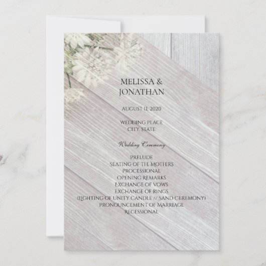 Rusto-modern bloem bruiloftsceremonieprogramma V3 Kaart (Voorkant)