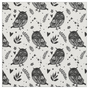 Rusto Volks Kunst Zwart en Wit Uil Print Stof