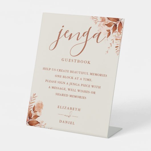 Rustoce bloemen Jenga trouwgastenboek Reclamebord Met Voetstuk (Voorkant)