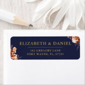 Rustoce bloemen navy en gouden trouw retouradres etiket (Insitu)