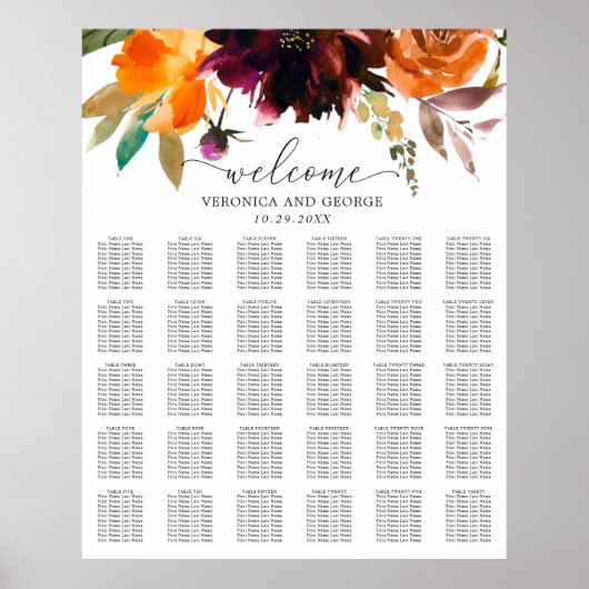 Rustoce bloemrijke herfst bruiloft zitplaatskaart poster (Voorkant)